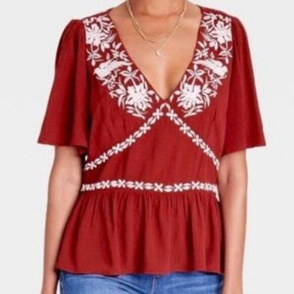 Vintage Knox Red Wine Red White Floral Embroidered V NEck Boho Peplum Top - Picture 1 of 8